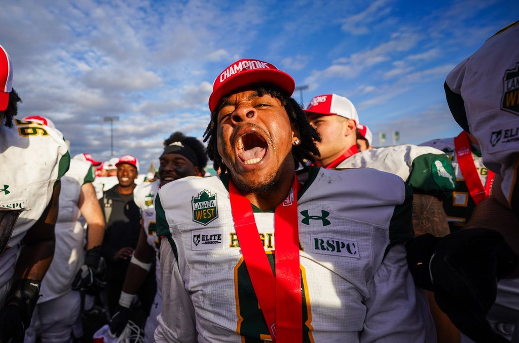 University of Regina Rams defensive back Michael Jourdan (8) celebrates after defeating the University of Saskatchewan Huskies at the U Sports Canada West Hardy Cup football championship action in Saskatoon on Saturday, Nov. 9, 2024. THE CANADIAN PRESS/Heywood Yu.